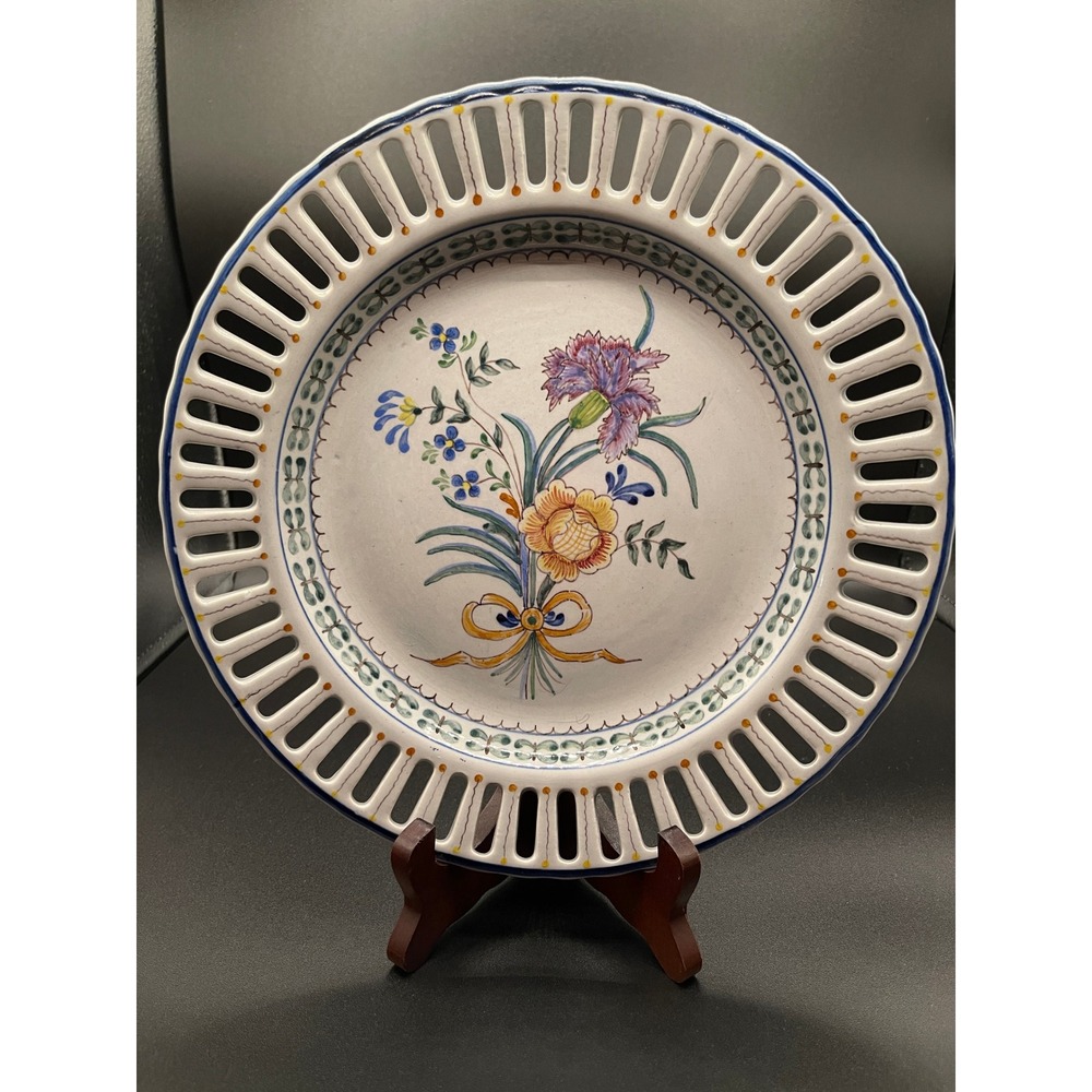 4 Carvalhinho Porto Portugal Hand Painted Reticulated Floral Plate 10 Inch